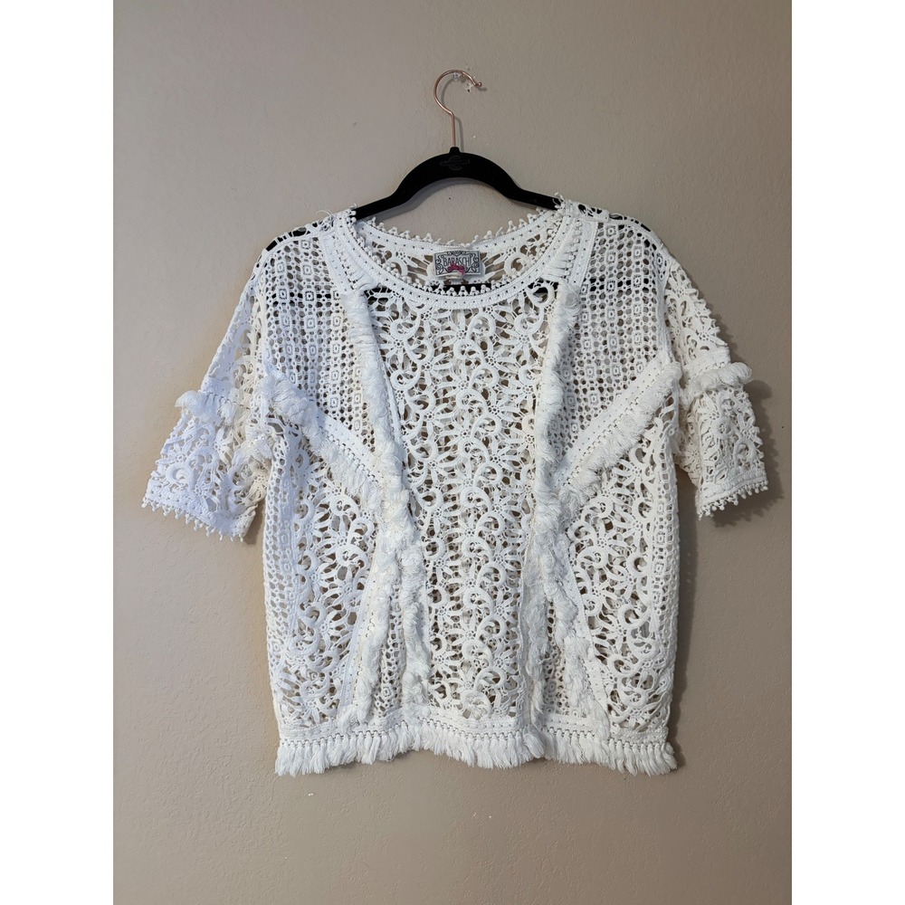 Baraschi White Cotton Crochet Lace Fringe Top Short Sleeve Boho Blouse AB420